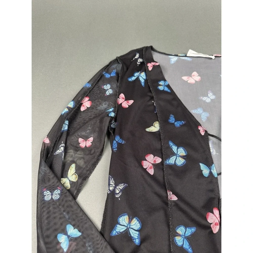 Elodie Butterfly Mesh Cardigan Women Large Black Tie Front Split Bell Sleeve Y2K